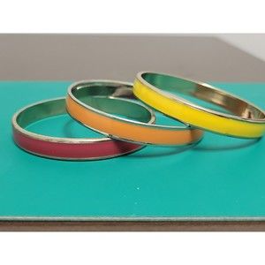 VIntage Enamel Stackable SilverTone Bangle Bracelet Lot of 3 Fuschia Yellow Oran